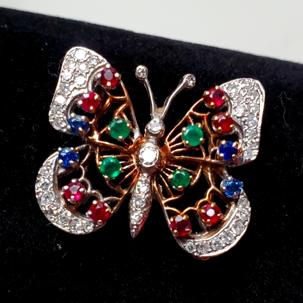 14kt Gold Brooch.  Diamonds, ruby and Emeralds.